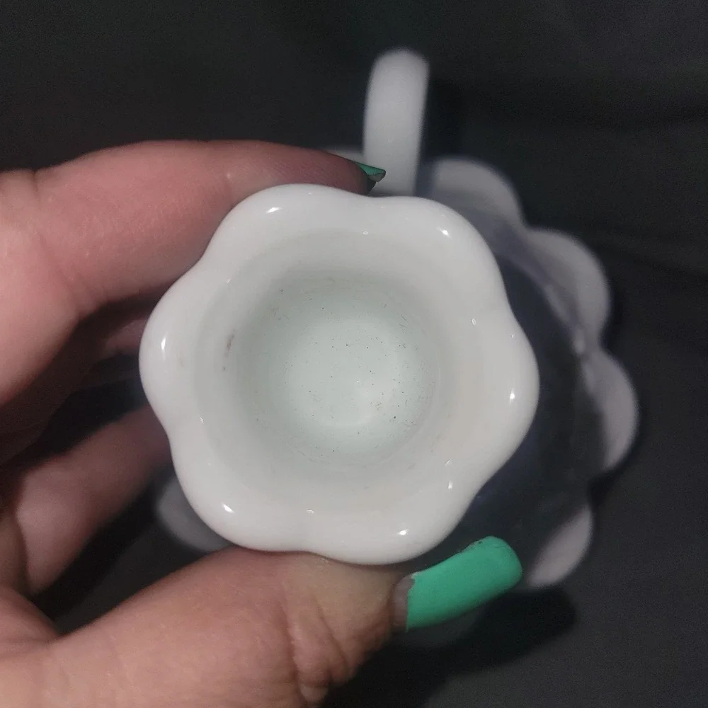Milk Glass Finger Ring Candle Holder Hand Painted Violets Signed by Vicki F